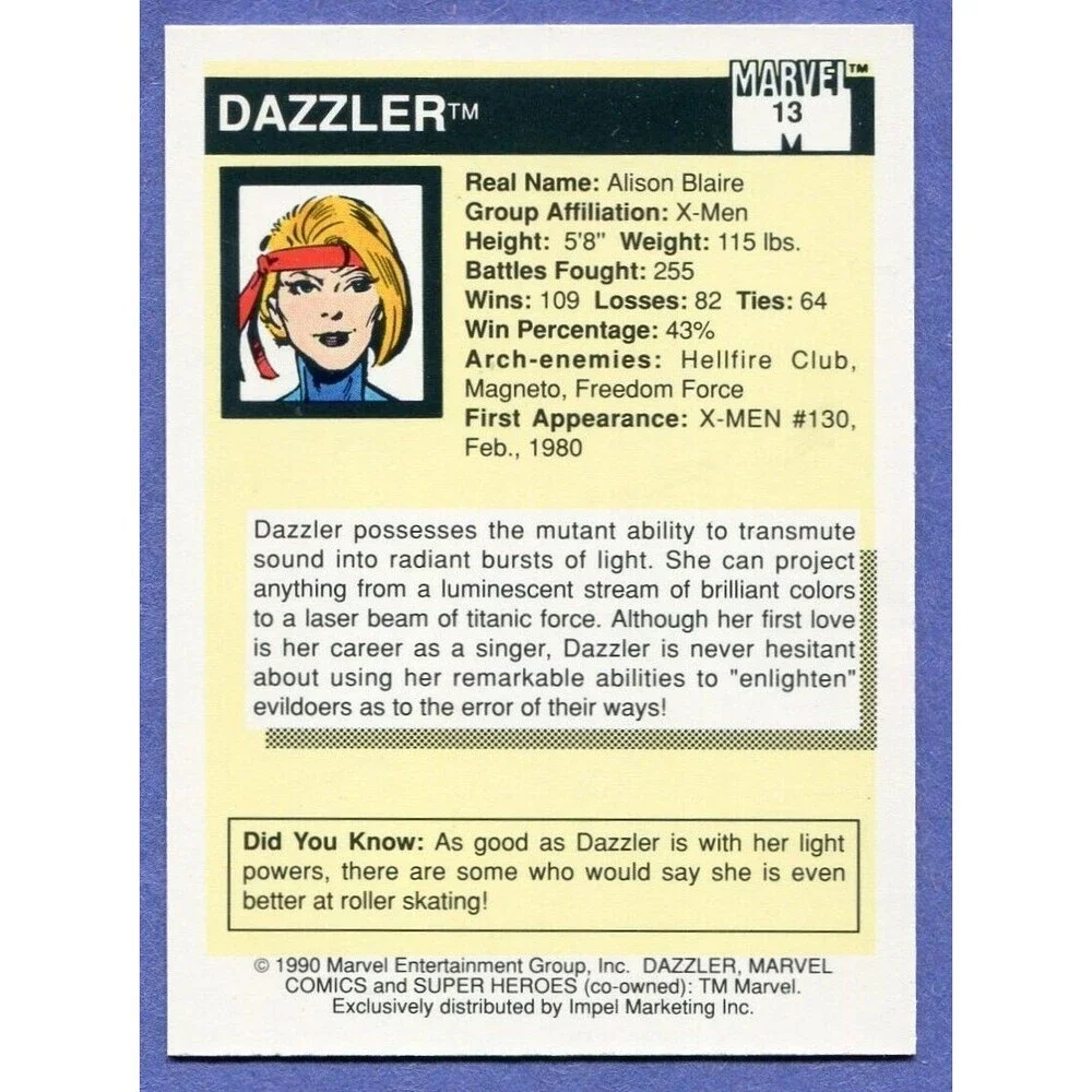 1990 Marvel Universe Card - #13 Dazzler